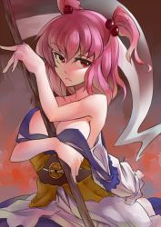 Rule 34 | &gt;:(, 1girl, abe ranzu, bare shoulders, blue dress, breast hold, breasts, cleavage, dress, frown, hair bobbles, hair ornament, japanese clothes, large breasts, looking at viewer, looking away, obi, off shoulder, onozuka komachi, red eyes, red hair, sash, scythe, shaded face, short hair, solo, touhou, twintails, two side up, upper body, v-shaped eyebrows, wardrobe malfunction