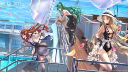 Rule 34 | 3girls, absurdres, animal ears, arknights, blue skirt, cloud, cloudy sky, cruise ship, dwarf, flag, food, highres, horns, hoshiguma (arknights), ice cream, ice cream cone, long hair, multiple girls, myrtle (arknights), ocean, official alternate costume, official art, oni, pointy ears, shoes, single horn, skin-covered horns, skirt, sky, sneakers, swimsuit, swire (arknights), tail, tiger ears, tiger girl, tiger tail