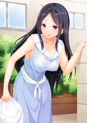 Rule 34 | 1girl, bare arms, black hair, blush, breasts, collarbone, dress, female focus, highres, holding, housewife, large breasts, legs, long dress, long hair, looking at viewer, mole, original, outdoors, parted lips, plant, red eyes, shy, sleeveless, solo, standing, thighs, window