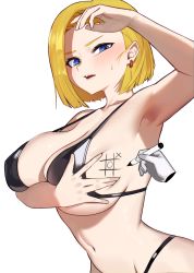 Rule 34 | 1girl, absurdres, android 18, arm up, armpits, bikini, black bikini, blonde hair, blue eyes, blush, bob cut, body writing, breasts, disembodied hand, dragon ball, dragonball z, earrings, forehead, highres, huge breasts, jewelry, large breasts, looking at viewer, marker, navel, parted lips, short hair, sideboob, simple background, solo, stomach, strap gap, swimsuit, teeth, tic-tac-toe, upper body, upper teeth only, white background, yzr (yzr99)