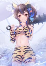 Rule 34 | absurdres, animal ears, animal print, bare shoulders, blue hair, blush, breasts, brown hair, closed mouth, colored inner hair, commentary request, cosplay, cowboy shot, daitaku helios (umamusume), ear covers, ear piercing, facial tattoo, fang, hair between eyes, highres, holding, holding weapon, horse ears, horse girl, looking at viewer, mask, medium breasts, medium hair, midriff, multicolored hair, navel, oni mask, peteron, piercing, puffy shorts, sakura laurel (oni laurel) (umamusume), sakura laurel (umamusume), sakura laurel (umamusume) (cosplay), shorts, side ponytail, skin fang, smile, spiked bat, streaked hair, tattoo, tiger print, umamusume, v, weapon, yellow eyes