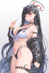 Rule 34 | 1girl, bare shoulders, bikini, black bikini, black choker, black hair, black jacket, blue archive, blush, breasts, choker, cleavage, closed mouth, collarbone, commentary, cowboy shot, eyewear on head, food, hair ornament, hairpin, halo, hand up, highres, holding, holding food, jacket, kaworu (1030), large breasts, long hair, long sleeves, looking at viewer, multi-strapped bikini bottom, navel, off shoulder, open clothes, open jacket, parted lips, popsicle, red eyes, rio (blue archive), simple background, skindentation, solo, sunglasses, swimsuit, symbol-only commentary, thigh strap, very long hair, white background, white bikini