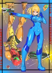 Rule 34 | 1girl, adjusting hair, alien, anniversary, arm cannon, armor, armpits, blonde hair, blue eyes, bodysuit, breasts, breasts apart, closed mouth, covered collarbone, covered erect nipples, covered navel, dual persona, english text, female focus, framed, full body, glint, glowing, gradient background, gun, hair tie, haku hakujou daimaou, hand on own hip, hand up, handgun, helmet, high heels, high ponytail, highres, hip focus, holding, holding gun, holding weapon, hunter-class gunship, large breasts, legs apart, light smile, long hair, looking at viewer, metroid, metroid: other m, metroid (creature), mole, mole under mouth, narrow waist, neon trim, nintendo, outstretched arm, parted bangs, pilot suit, pistol, ponytail, power armor, power suit, samus aran, shiny clothes, shoulder pads, sidelocks, skin tight, smile, solo, spacecraft, sparkle, standing, swept bangs, text focus, trigger discipline, turtleneck, upside-down, varia suit, visor, weapon, zero suit