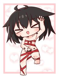 &gt;_&lt; 1girl :d :q arm_up barefoot black_hair blue_eyes blush chibi chibi_only chocolate chocolate_on_body collarbone commentary_request food_on_body full_body hana_kazari heart highres looking_at_viewer navel nude open_mouth original red_eyes short_hair smile solo standing standing_on_one_leg tongue tongue_out xd