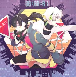 Rule 34 | 1boy, 1girl, anisakichi, back-to-back, bike shorts, black hair, choker, enomoto takane, facial mark, gas mask, headphones, jacket, kagerou project, konoha (kagerou project), mask, open mouth, outstretched arm, pink eyes, ponytail, red eyes, road sign, short hair, short ponytail, shorts, shorts under skirt, sign, twintails, white hair