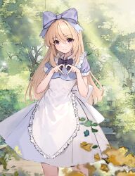 Rule 34 | 1girl, absurdres, alice (black souls), apron, black souls, blonde hair, day, dress, forest, highres, long hair, looking at viewer, nandou zhen, nature, outdoors, puffy short sleeves, puffy sleeves, purple eyes, short sleeves, solo, standing, white apron