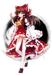 Rule 34 | 1girl, bbcat1984, bow, brown eyes, brown hair, detached sleeves, dress, frilled hair tubes, frills, full body, hair bow, hair tubes, hakurei reimu, japanese clothes, loafers, long hair, miko, neckerchief, ofuda, panties, red dress, shoes, sidelocks, smile, solo, standing, thighhighs, touhou, underwear, white thighhighs, yellow panties