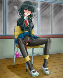 Rule 34 | 1girl, arms behind back, bdsm, black hair, black jacket, black pantyhose, blue skirt, blush, bondage, bound, breast pocket, breasts, breath, buttons, chair, clock eyes, clothes lift, collared shirt, date a live, egg vibrator, female focus, full body, hair tie, half-closed eyes, heterochromia, highres, indoors, jacket, long hair, long sleeves, medium breasts, miniskirt, neck ribbon, nose blush, on chair, open mouth, pantyhose, pleated skirt, pocket, pussy juice, rain, red eyes, red ribbon, remote control vibrator, ribbon, school chair, school uniform, sex toy, shiny clothes, shirt, shoes, sidelocks, sitting, skirt, skirt lift, solo, sweat, symbol-shaped pupils, tape, tied to chair, tokisaki kurumi, verdun (berudan), vibrator, wet, wet clothes, white footwear, white shirt, window, wooden floor, yellow eyes