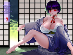 Rule 34 | 1girl, bad anatomy, bad feet, barefoot, breasts, chichi kurage ss, cleavage, feet, huge areolae, huge breasts, japanese clothes, kimono, nail polish, poorly drawn, purple hair, red eyes, red nails, short hair, sitting, solo