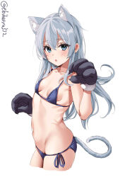 Rule 34 | 1girl, animal ear fluff, animal ears, animal hands, bikini, black gloves, blue bikini, blue eyes, blush, breasts, cat ears, cat paws, cat tail, collarbone, commentary request, cowboy shot, cropped legs, ebifurya, gloves, groin, hibiki (kancolle), highres, kantai collection, long hair, one-hour drawing challenge, parted lips, paw gloves, sidelocks, simple background, small breasts, solo, swimsuit, tail, twitter username, white background, white hair