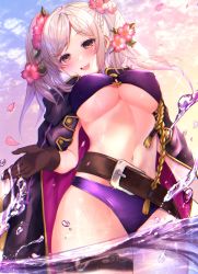 Rule 34 | :d, absurdres, alternate costume, asada sadao, belt, belt buckle, bikini, breasts, brown eyes, brown gloves, buckle, coat, fire emblem, fire emblem awakening, fire emblem heroes, flower, gloves, hair flower, hair ornament, highres, large breasts, long hair, looking at viewer, navel, nintendo, o-ring, o-ring bikini, official alternate costume, open mouth, parted bangs, partially submerged, purple bikini, robin (female) (fire emblem), robin (fire emblem), sky, smile, swimsuit, thigh strap, twintails, water, water drop, white hair