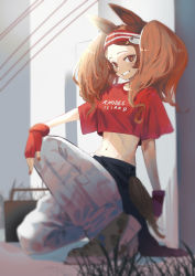 Rule 34 | 1girl, :d, against wall, alternate costume, angelina (arknights), animal ears, arknights, bannouyakunta, brown eyes, brown footwear, brown hair, casual, clothes around waist, clothes writing, crop top, day, fingerless gloves, forehead, fox ears, fox girl, fox tail, full body, gloves, grin, hairband, hand on own knee, highres, long hair, looking at viewer, nail polish, navel, on one knee, open mouth, pants, parted lips, red gloves, red nails, red shirt, shirt, short sleeves, smile, solo, stomach, tail, teeth, twintails, two-tone hairband, white pants