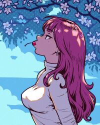 Rule 34 | 1girl, akairiot, blue sky, breasts, cherry, cherry blossoms, cloud, cloudy sky, commentary, earrings, food, food in mouth, fruit, highres, hoop earrings, jewelry, leaf, long hair, medium breasts, mole, original, pink hair, pursed lips, shadow, sky, solo, sweater, symbol-only commentary, tree, upper body, white sweater