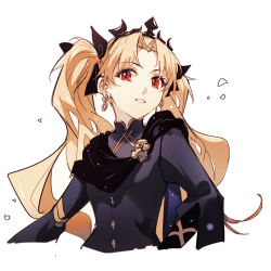 Rule 34 | 1girl, alternate hairstyle, black dress, black ribbon, blonde hair, blush, commentary request, crown, dress, earrings, ereshkigal (fate), ereshkigal (third ascension) (fate), fate/grand order, fate (series), hair ornament, hair ribbon, hanamoto410, jewelry, long hair, long sleeves, looking at viewer, open clothes, parted bangs, red eyes, ribbon, simple background, skull, smile, solo, teeth, tongue, twintails, upper teeth only, white background