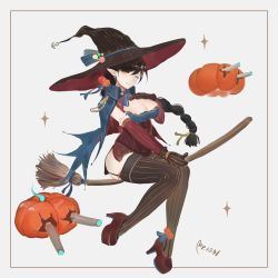 Rule 34 | 1girl, ;), atago (azur lane), azur lane, black hair, blue fire, braid, breasts, broom, broom riding, cape, cleavage, corset, cross, cross earrings, dated, earrings, fire, framed, full body, garter straps, halloween, hand on own chest, hat, high heels, highres, jack-o&#039;-lantern, jewelry, large breasts, long hair, looking at viewer, microskirt, mole, mole under eye, one eye closed, pointy ears, side slit, single braid, skirt, smile, solo, sparkle, striped clothes, striped thighhighs, thighhighs, vertical-striped clothes, vertical-striped thighhighs, very long hair, witch, witch hat, yellow eyes, yueguang zhanglang