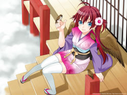Rule 34 | 1girl, above clouds, ahoge, animal, animal on shoulder, bird, bird on hand, bird on shoulder, blue eyes, cloud, flower, hair flower, hair ornament, japanese clothes, long hair, mattaku mousuke, original, pigeon-toed, sitting, sitting on stairs, smile, solo, sparrow, stairs, thighhighs, twintails, wings, zettai ryouiki
