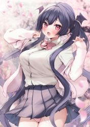 Rule 34 | 1girl, :d, ayuma sayu, black hair, black skirt, blurry, blurry background, blush, bow, bowtie, breasts, collared shirt, cowboy shot, fang, hair ornament, hair ribbon, highres, jacket, large breasts, long hair, long sleeves, looking at viewer, open clothes, open jacket, open mouth, original, panties, pantyshot, petals, pink bow, pink bowtie, pink jacket, pink panties, pleated skirt, quad tails, red eyes, ribbon, shirt, skirt, sleeves past wrists, smile, solo, standing, underwear, very long hair, white shirt, wing hair ornament