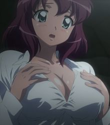 Rule 34 | 00s, 1girl, blue eyes, blush, breast suppress, breasts, cleavage, dress shirt, henrietta de tristain, large breasts, non-web source, open clothes, open shirt, purple hair, screencap, shirt, short hair, solo, stitched, third-party edit, zero no tsukaima