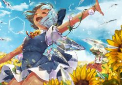 Rule 34 | 2girls, :d, ^ ^, arm up, ascot, blue bow, blue dress, blue hair, blue sky, blush, bow, breasts, cirno, closed eyes, cloud, commentary, cowboy shot, day, dress, english commentary, field, flower, flower field, glowing, glowing eyes, green hair, grin, hair bow, holding, holding umbrella, ice, ice wings, juliet sleeves, kazami yuuka, long sleeves, multiple girls, nachoz (nachozart), neck ribbon, open mouth, outdoors, outstretched arm, pinafore dress, plaid, plaid skirt, plaid vest, plant, puffy short sleeves, puffy sleeves, purple flower, red eyes, red ribbon, red skirt, red vest, ribbon, short dress, short sleeves, skirt, skirt set, sky, sleeveless, sleeveless dress, small breasts, smile, sparkle, standing, sunflower, sunflower field, tan, tanned cirno, thighs, touhou, umbrella, vest, vines, white umbrella, wings, yellow neckwear
