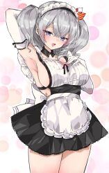 Rule 34 | 1girl, alternate costume, apron, arm up, armpits, black dress, blue eyes, blush, breasts, chigasaki yukari, dress, elbow gloves, frilled apron, frills, gloves, grey hair, hand on own chest, highres, kantai collection, kashima (kancolle), large breasts, long hair, looking at viewer, maid, maid headdress, open mouth, sideboob, simple background, solo, twintails, waist apron, white gloves