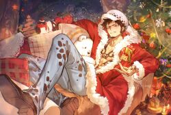 Rule 34 | 1boy, black footwear, black hair, chest tattoo, christmas ornaments, christmas tree, couch, dated, devil fruit, earrings, facial hair, gingerbread man, goatee, hand tattoo, hat, highres, jewelry, jyukawa, looking at viewer, male focus, on couch, one piece, open clothes, pants, pillow, santa costume, short hair, sideburns, signature, solo, star (symbol), stuffed animal, stuffed toy, tattoo, teddy bear, toned, toned male, trafalgar law