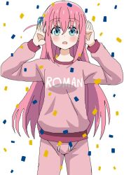Rule 34 | 1girl, alternate breast size, blue eyes, blush, bocchi the rock!, breasts, club atletico boca juniors, confetti, cowboy shot, cube hair ornament, gotoh hitori, hair ornament, jacket, juan roman riquelme, long hair, one side up, pants, pink hair, pink jacket, pink pants, pink track suit, riokasen, side ahoge, simple background, small breasts, solo, topo gigio, track jacket, very long hair, white background