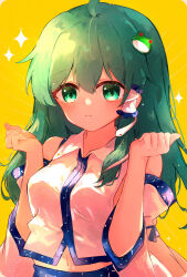 Rule 34 | 1girl, absurdres, bare shoulders, blush, closed mouth, detached sleeves, frog hair ornament, green eyes, green hair, hair between eyes, hair ornament, hair tubes, highres, japanese clothes, kochiya sanae, long hair, navel, nontraditional miko, shangurira, simple background, snake hair ornament, solo, sparkle, touhou, upper body, white sleeves, wide sleeves, yellow background