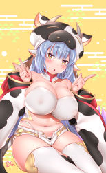 Rule 34 | 1girl, absurdres, animal print, blue hair, blunt bangs, blush, bra, breasts, cabbie hat, catura (granblue fantasy), cleavage, cow hat, cow horns, cow print, detached sleeves, draph, earrings, granblue fantasy, hat, highres, horns, huge breasts, jewelry, large breasts, long hair, looking at viewer, navel, open fly, open mouth, pinku pansaa, plump, pointy ears, print headwear, print legwear, ribbon, short shorts, shorts, simple background, sitting, thick thighs, thighhighs, thighs, underwear, v, very long hair, white ribbon, white shorts, white thighhighs, wide sleeves, yellow background