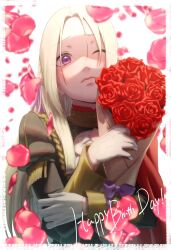 Rule 34 | 1girl, aduti momoyama, bouquet, bow, cape, closed mouth, edelgard von hresvelg, eyes visible through hair, falling petals, fire emblem, fire emblem: three houses, flower, garreg mach monastery uniform, gloves, hair intakes, hair ribbon, happy birthday, highres, holding, holding bouquet, juliet sleeves, lips, long hair, long sleeves, looking at viewer, nintendo, one eye closed, petals, pink lips, puffy sleeves, purple bow, purple eyes, purple ribbon, red cape, red flower, red rose, ribbon, rose, simple background, solo, white background, white gloves, white hair