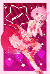 Rule 34 | 1boy, :d, blush, boots, border, braid, character name, commentary request, curly hair, detached sleeves, dress, hair between eyes, hands up, high heel boots, high heels, highres, idol clothes, looking at viewer, male focus, mole, mole under eye, multicolored clothes, multicolored dress, open mouth, oshiri (o4ritarou), petticoat, pink background, pink eyes, pink footwear, pink hair, pretty series, pripara, puffy detached sleeves, puffy sleeves, reona west, short hair, sleeveless, sleeveless dress, smile, standing, standing on one leg, star (symbol), trap