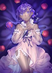 Rule 34 | apple, dagger, dark-skinned female, dark skin, detached collar, detached sleeves, dress, fate/grand order, fate/prototype, fate/prototype: fragments of blue and silver, fate (series), flower, food, from above, fruit, hair ornament, hairpin, hassan of serenity (fate), hassan of serenity (lostroom outfit) (fate), highres, holding, holding dagger, holding knife, holding weapon, knife, lace, long sleeves, looking at viewer, lostroom outfit (fate), lying, minami seira, on back, poison apple, purple eyes, purple flower, purple hair, ribbon, see-through, short hair, solo, strapless, strapless dress, weapon, white dress