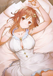 Rule 34 | 1girl, atelier (series), atelier ryza, atelier ryza 3, bed sheet, breasts, closed mouth, collarbone, dress, hair ornament, hairclip, highres, looking at viewer, medium breasts, official art, panties, reisalin stout, sleeveless, sleeveless dress, toridamono, underwear