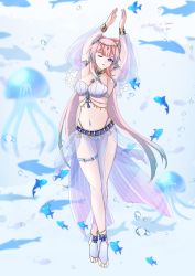 Rule 34 | 1girl, absurdres, air bubble, armpits, arms up, bandeau, blue background, blue eyes, brooch, bubble, chinese commentary, commentary request, fish, full body, genshin impact, harem outfit, head chain, highres, jellyfish, jewelry, long hair, looking at viewer, midriff, navel, navel piercing, neck ring, one eye closed, parted lips, pelvic curtain, pendant, piercing, pink hair, saber-freedom, sangonomiya kokomi, see-through, solo, stomach, strapless, thigh strap, thighs, very long hair