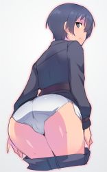 Rule 34 | 1girl, ass, black eyes, black hair, black jacket, black pants, clothes pull, commentary, cowboy shot, cropped legs, crotch seam, em (totsuzen no hakike), facing viewer, from behind, grey background, grey panties, jacket, kino (kino no tabi), kino no tabi, leaning forward, long sleeves, looking at viewer, looking back, panties, pants, pants pull, parted lips, short hair, simple background, solo, standing, sweat, underwear
