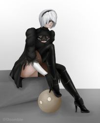 Rule 34 | 1girl, black dress, black footwear, blindfold, boots, breasts, cleavage, cleavage cutout, clothing cutout, doombie, dress, full body, gloves, gradient background, hairband, hands on own leg, highres, leather, leather boots, nier (series), nier:automata, self-upload, short hair, simple background, sitting, skirt, skirt aside, solo, thigh boots, thighhighs, white background, white gloves, white hair, 2b (nier:automata)