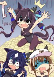Rule 34 | &gt; &lt;, 3girls, @ @, alternate costume, animal ears, armpits, arms up, bare shoulders, black bow, black bowtie, black footwear, black pantyhose, blue background, blue hair, blue hat, bocchi the rock!, bow, bowtie, brown hair, cheval grand (umamusume), closed eyes, coin, commentary request, dark blue hair, detached collar, drooling, ear covers, ears down, ears through headwear, emphasis lines, fainting, gloom (expression), gold coin, hair between eyes, hands on own head, hat, high heels, highleg, highleg leotard, highres, horse ears, horse girl, horse tail, leotard, long hair, medium hair, mouth drool, multicolored hair, multiple girls, nontraditional playboy bunny, open mouth, outstretched arms, panicking, pantyhose, peaked cap, pile of money, siblings, single ear cover, sisters, sitting, smile, spread arms, spread fingers, strapless, strapless leotard, streaked hair, tail, turn pale, twintails, umamusume, v sisters, verxina (umamusume), vivlos (umamusume), wahiko (black bastard), wariza, wavy mouth, white hair, white hat