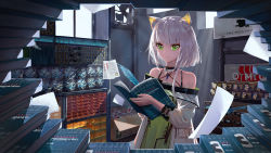 Rule 34 | 1girl, absurdres, animal ear fluff, animal ears, arknights, bad id, bad pixiv id, bare shoulders, black choker, book, chinese commentary, choker, commentary request, dress, feathers, green dress, green eyes, green nails, headhunting permit (arknights), highres, holding, holding book, indoors, kal&#039;tsit (arknights), long sleeves, looking at viewer, nail polish, nosttat, off-shoulder dress, off shoulder, partial commentary, short hair, silver hair, solo, upper body