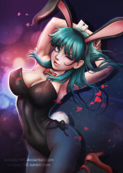 Rule 34 | 1girl, blue hair, bow, bowtie, breasts, bulma, cleavage, dragon ball, dragonball z, earrings, eyeshadow, jewelry, large breasts, leotard, long hair, looking at viewer, makeup, one eye closed, pantyhose, playboy bunny, rabbit ears, rabbit tail, thighs, wink