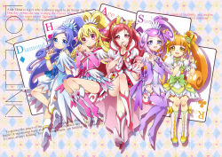 Rule 34 | 5girls, :d, aida mana, argyle, argyle background, argyle clothes, arm warmers, bike shorts, blonde hair, blue eyes, blue hair, boots, bow, brooch, brown hair, card, character name, choker, clubs, clubs hands, crossed legs, cure ace, cure diamond, cure heart, cure rosetta, cure sword, diamond (shape), dokidoki! precure, double bun, earrings, english text, flower, full body, hair bow, hair bun, hair flower, hair ornament, hair ribbon, heart, heart brooch, heart hair ornament, heart hands, high heel boots, high heels, hishikawa rikka, hoshi (xingspresent), jewelry, kenzaki makoto, knee boots, long hair, madoka aguri, magical girl, multiple girls, open mouth, pink bow, pink eyes, pink footwear, playing card, precure, purple eyes, purple footwear, purple hair, purple legwear, red eyes, red hair, ribbon, shoes, short hair, shorts, shorts under skirt, side ponytail, skirt, smile, spade, spade hair ornament, thigh boots, thighhighs, twintails, waist bow, wrist cuffs, yellow eyes, yotsuba alice