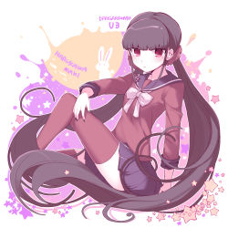 Rule 34 | 1girl, black hair, blunt bangs, character name, commentary request, copyright name, danganronpa (series), danganronpa v3: killing harmony, enperaa, from side, hair ornament, harukawa maki, highres, long hair, looking at viewer, low twintails, mole, mole under eye, nail polish, pleated skirt, rabbit, red eyes, red nails, red scrunchie, red shirt, red thighhighs, school uniform, scrunchie, serafuku, shirt, simple background, sitting, skirt, solo, thighhighs, twintails, very long hair