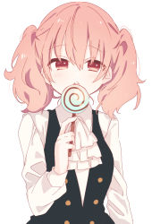 Rule 34 | 1girl, absurdres, black vest, blush, brown eyes, brown hair, candy, collared shirt, food, hair between eyes, hand up, highres, holding, holding candy, holding food, holding lollipop, inu x boku ss, lollipop, long sleeves, open mouth, roromiya karuta, school uniform, shirt, signature, simple background, sofra, solo, swirl lollipop, teeth, twintails, twitter username, upper body, upper teeth only, vest, white background, white neckwear, white shirt