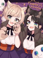 Rule 34 | 2girls, 2others, :d, ahoge, alternate costume, animal ear fluff, animal ears, animal hands, black bow, black hair, black neckwear, blonde hair, blue eyes, blush, blush stickers, bow, bowtie, capelet, cat ears, character request, claw pose, claws, colored skin, commentary, commentary request, corset, english text, fang, fangs, flat chest, gloves, green eyes, grey capelet, grin, hair between eyes, hair ornament, halloween, halloween costume, happy halloween, highres, hololive, imoricohafu, indie virtual youtuber, looking at viewer, multiple girls, multiple others, neck ribbon, oozora subaru, open mouth, paw gloves, pom pom (clothes), pom pom hair ornament, purple skirt, ribbon, shigure ui (vtuber), short hair, shoulder-to-shoulder, skin fang, skirt, smile, star (symbol), starry background, symbol-only commentary, virtual youtuber, white skin