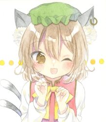 Rule 34 | 1girl, ;3, ;d, animal ear fluff, animal ears, blush, bow, bowtie, brown eyes, brown hair, cat ears, cat tail, chen, commentary request, double-parted bangs, gold trim, green hat, hair between eyes, hands up, happy, hat, highres, kagome f, long sleeves, looking at viewer, mob cap, multiple tails, nekomata, one eye closed, open mouth, paw pose, puffy long sleeves, puffy sleeves, red vest, simple background, smile, solo, tail, touhou, two tails, upper body, vest, white background, yellow bow, yellow bowtie