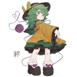 1girl bow commentary dress english_commentary ezier frilled_dress frilled_shirt_collar frilled_sleeves frills full_body green_eyes green_hair hat hat_bow heart heart_of_string highres komeiji_koishi long_hair long_sleeves looking_at_viewer smile socks solo third_eye touhou translation_request