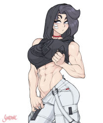 Rule 34 | 1girl, abs, alex moon (shardanic), black hair, blush, boxer-chan, breasts, cargo pants, clothes lift, flexing, grey eyes, highres, hood, hoodie, large breasts, looking to the side, midriff, muscular, muscular female, pants, shardanic, shirt lift, signature, solo, white pants