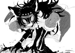 1boy animal_ears animal_hands animal_hat boots cabbie_hat claws closed_mouth colored_sclera corpse dark_persona facial_mark fake_animal_ears feathered_wings glasses greyscale hat highres long_hair looking_at_viewer makeup male_focus master_detective_archives:_rain_code monochrome monster_boy mystery_phantom na_6 round_eyewear slit_pupils solo spoilers wings wristband zilch_alexander