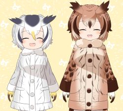 Rule 34 | 2girls, :d, blonde hair, blush, breasts, brown gloves, brown hair, brown sweater, brown wings, closed eyes, commentary request, cowboy shot, eurasian eagle owl (kemono friends), fur collar, gloves, gradient gloves, grey sweater, grey wings, hair between eyes, head wings, japari symbol, kemono friends, lets0020, long sleeves, medium bangs, medium breasts, multicolored hair, multiple girls, northern white-faced owl (kemono friends), open mouth, short hair, smile, sweater, teeth, upper teeth only, white hair, wings, yellow background, yellow gloves