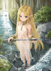 Rule 34 | 1girl, absurdres, bare shoulders, blonde hair, blood, blue eyes, bracelet, day, dress, earrings, elf, fingernails, forest, goback, highres, holding, holding sword, holding weapon, injury, jewelry, long hair, looking down, moss, nature, original, outdoors, parted bangs, parted lips, pointy ears, river, rock, see-through, see-through dress, solo, standing, sword, tree, very long hair, wading, water, weapon, wet, wet clothes, wet dress, white dress