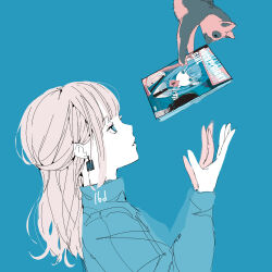 Rule 34 | 1girl, absurdres, artist name, artist self-reference, blue background, blue eyes, blue jacket, blunt bangs, cat, collared jacket, commentary request, earrings, from side, grey hair, half updo, high collar, highres, jacket, jewelry, long hair, long sleeves, looking at object, magazine (object), no pupils, nocopyrightgirl, open hands, original, own hands together, pale skin, parted lips, solo, upper body