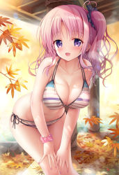 Rule 34 | 1girl, :d, autumn leaves, bare shoulders, bikini, blush, breasts, cleavage, collarbone, commentary request, hair ribbon, hands on legs, highres, izumi kaori (twinbox), large breasts, leaf, leaning forward, long hair, looking at viewer, maple leaf, nail polish, one side up, open mouth, original, pink hair, pink ribbon, purple eyes, revision, ribbon, scrunchie, side-tie bikini bottom, smile, solo, sousouman, standing, striped bikini, striped clothes, swimsuit, wet, wrist scrunchie